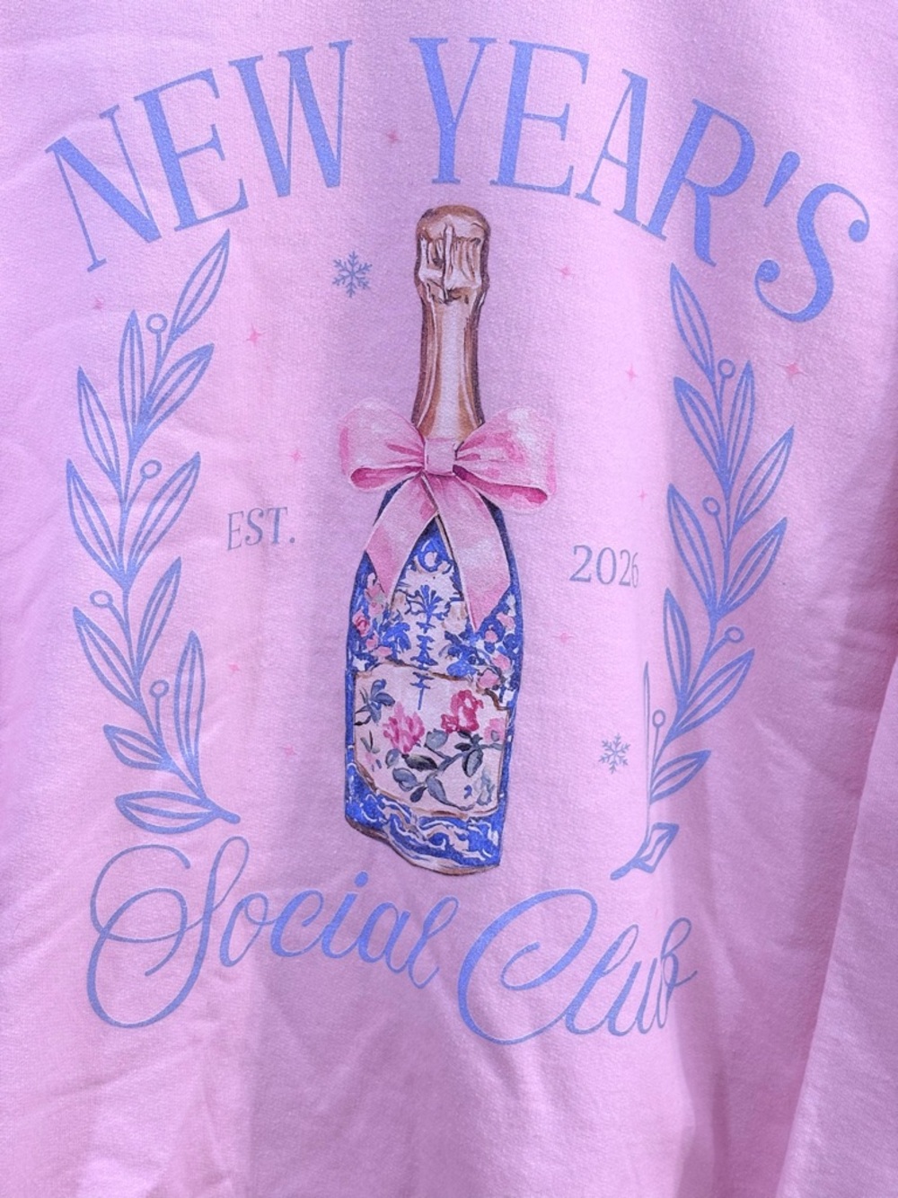 Gildan Pink New Year's Social Club Sweatshirt with Blue Bottle Graphic